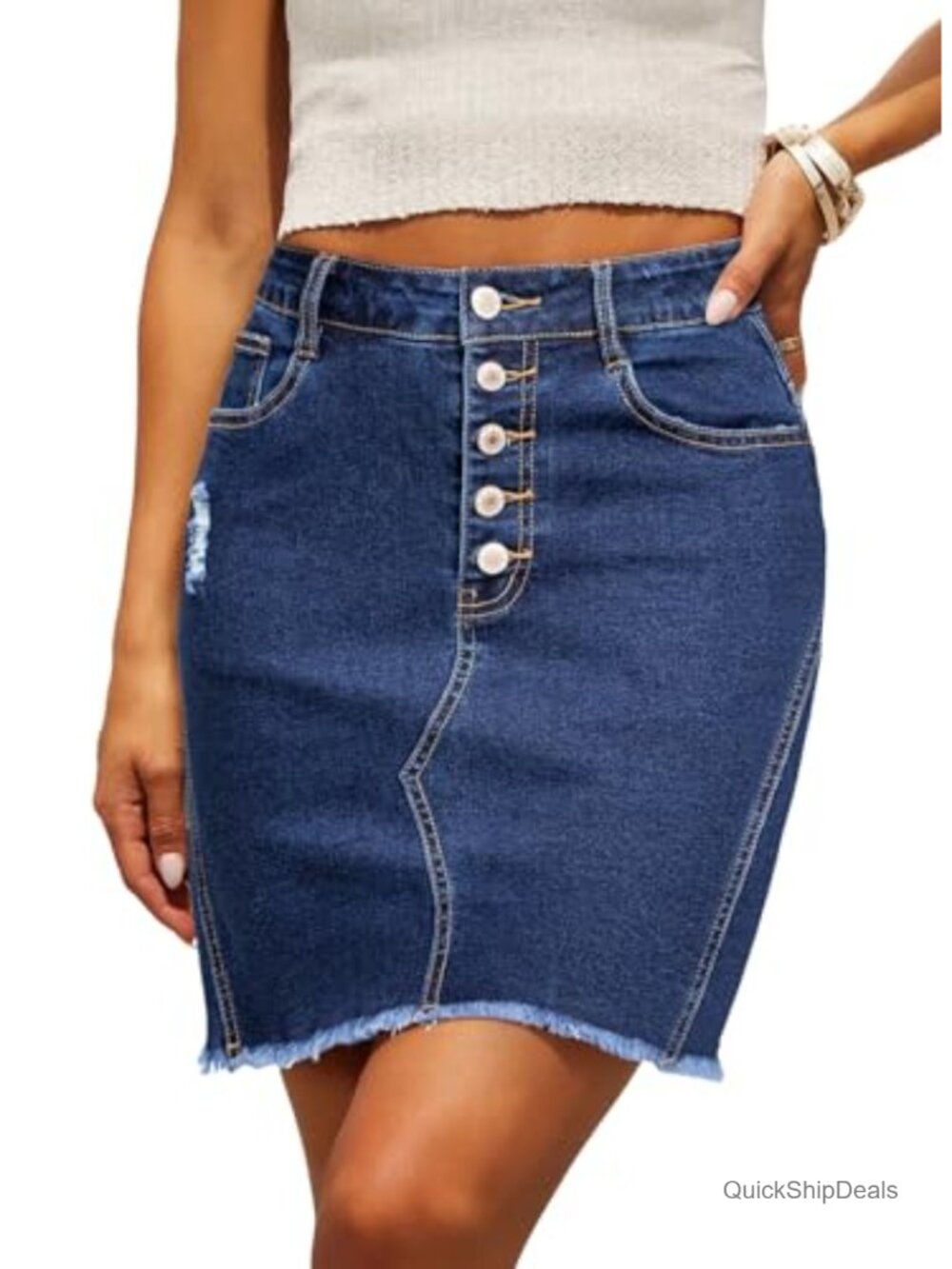 High Waisted Button Front Denim Jean Skirt Stretchy Frayed Hem Casual